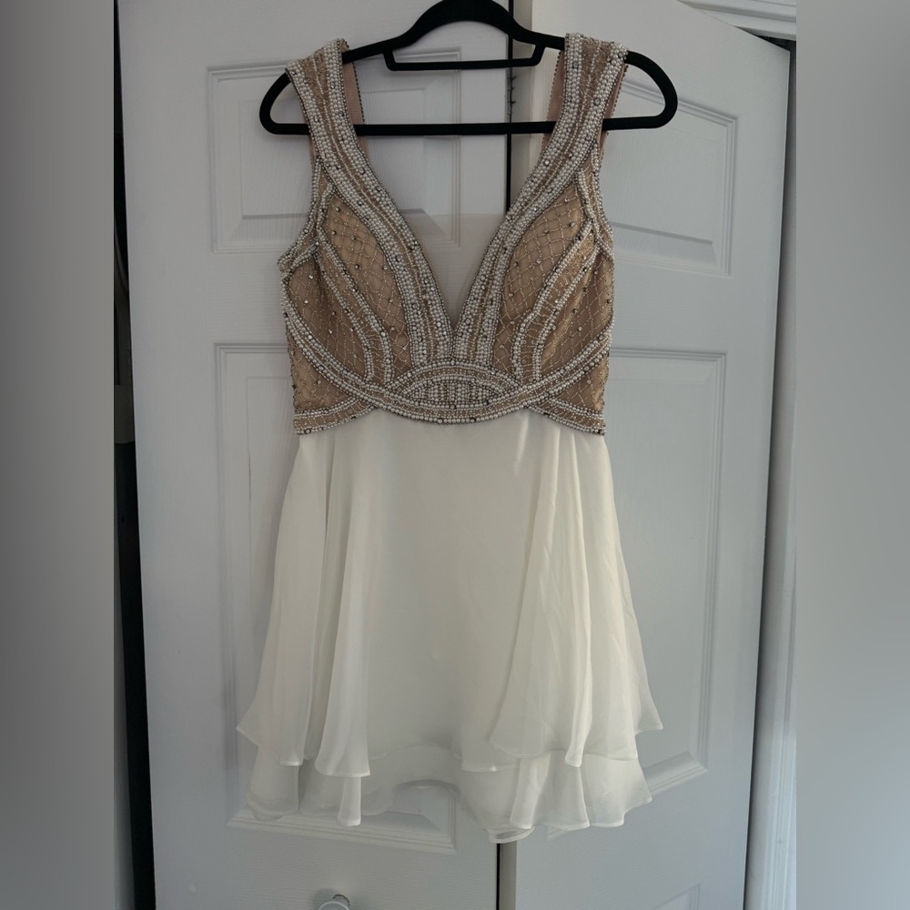 Tony Bowls White and Tan Beaded Mini Dress